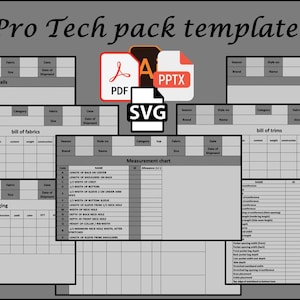 tech pack template, full pages + free sample,  fully editable and customizable