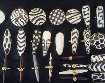 50 African Print Dried Cow Bone Rings, Adjustable Brass,  #Wholesale Price#