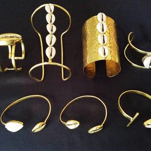 Cowrie Shell Brass Bangle, Adjustable Hammered Brass Bangle