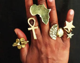 5 African Inspired Handmade Adjustable Brass Rings