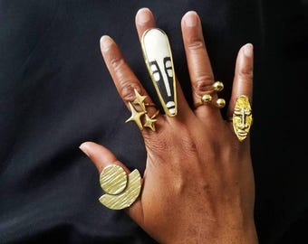 5 African Inspired Handmade Adjustable Brass Rings
