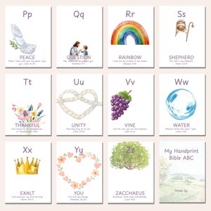 May include: Set of illustrated Bible ABC cards. Each card features a letter, a word, and a related image, such as a dove for "Peace" and a rainbow for "Rainbow." The cards are white with watercolor illustrations and text.