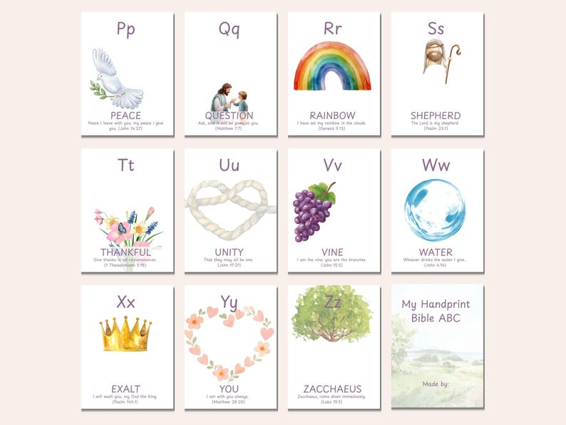 May include: Set of illustrated Bible ABC cards. Each card features a letter, a word, and a related image, such as a dove for "Peace" and a rainbow for "Rainbow." The cards are white with watercolor illustrations and text.