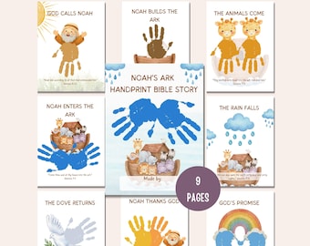 Noah’s Ark Handprint Craft Bundle, Bible Story Activity for Kids, Sunday School Printable