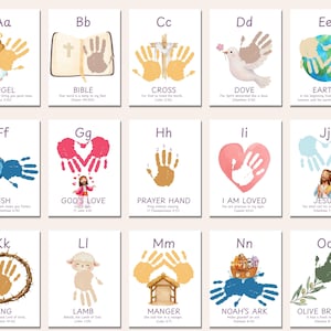 May include: A set of 15 illustrated cards featuring the alphabet, each with a religious theme. The cards display images like an angel, a dove, and a fish, with corresponding handprint art and text. The cards are on a light beige background.