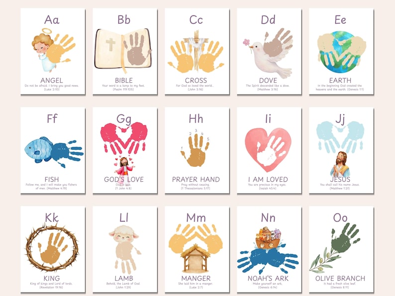 May include: A set of 15 illustrated cards featuring the alphabet, each with a religious theme. The cards display images like an angel, a dove, and a fish, with corresponding handprint art and text. The cards are on a light beige background.
