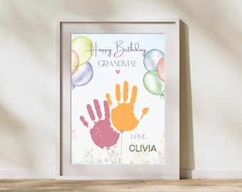 Grandma Birthday Balloon Handprint Printable, Kids DIY Keepsake Art, Toddler Preschool Gift Template
