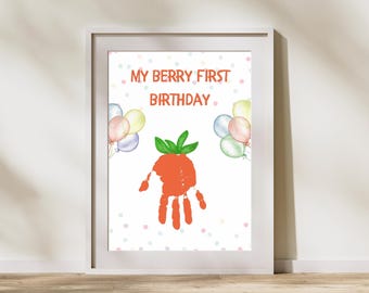 My Berry First Birthday Handprint Craft, Strawberry Handprint Printable, 1st Keepsake from Baby