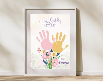 Happy Birthday Mommy Flower Bouquet Handprint Craft, DIY Bday Gift from Kids, Handprint Keepsake