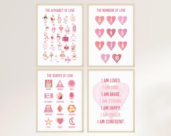 Alphabet of Love Bundle, Valentine Learning Posters for Kids, Numbers Shapes Affirmations Wall Art