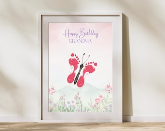 Happy Birthday Grandma Footprint Craft, Butterfly Footprint Art Printable, Baby & Toddler Keepsake
