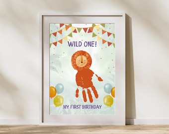 Wild One Lion Handprint Craft, My First Birthday Printable, Safari 1st Birthday Keepsake Art