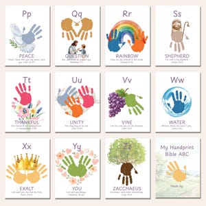May include: A set of 12 illustrated cards featuring the alphabet with handprint art. Each card displays a letter, a word, and a related image, such as a dove for "Peace" or a rainbow for "Rainbow". The cards are designed for educational purposes.