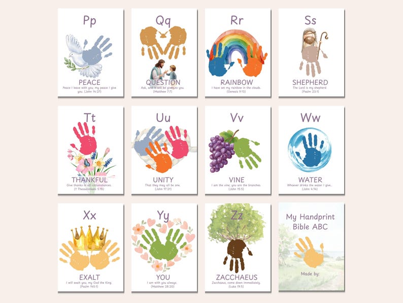 May include: A set of 12 illustrated cards featuring the alphabet with handprint art. Each card displays a letter, a word, and a related image, such as a dove for "Peace" or a rainbow for "Rainbow". The cards are designed for educational purposes.