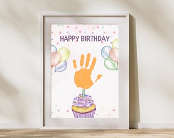 Cupcake Handprint Birthday Activity Printable, Kids DIY Keepsake Art, Toddler Preschool Craft Template