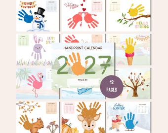 2027 Handprint Calendar for Kids, Monthly Handprint Crafts, Printable Keepsake