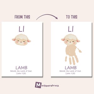 May include: Two white rectangular prints with a light purple arrow. The left print shows a lamb illustration with the word "LI" above and "LAMB" below. The right print shows a handprint lamb with the same text. The text "Behold, the Lamb of God. (John 1:29)" is below the word "LAMB".