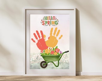 Hello Spring Handprint Craft for Kids, Flower Handprint Art Printable, Preschool & Daycare Activity