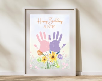 Happy Birthday Auntie Flower Bouquet Handprint Craft, DIY Kids Birthday Gift Printable