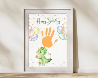 Dinosaur Happy Birthday Card Handprint Craft, Printable Toddler Keepsake Gift