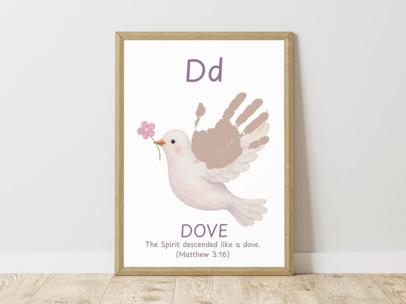 May include: A framed print featuring a white dove holding a pink flower in its beak. The dove's wing is made from handprints. The letter "D" and the word "DOVE" are at the top and bottom, with a Bible verse below.