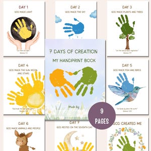May include: A 9-page 7 Days of Creation handprint book featuring colourful illustrations and text for each day. The cover displays orange and green handprints forming a heart shape, while individual pages show handprints integrated into scenes.