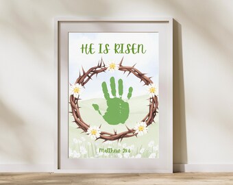 He Is Risen Handprint Craft, Christian Easter Art Printable, Sunday School Kids Activity