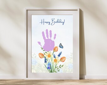 Happy Birthday Flower Bouquet Handprint Craft, DIY Kids Art Printable, Toddler & Preschool Birthday Keepsake
