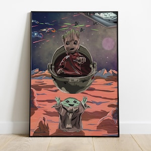 Peut inclure: Une illustration numérique de deux personnages de la franchise Star Wars. Un personnage extraterrestre vert aux grandes oreilles se tient sur une planète rouge, regardant un personnage extraterrestre brun dans un vaisseau spatial. Le vaisseau spatial vole dans l'espace avec des étoiles et des planètes en arrière-plan.