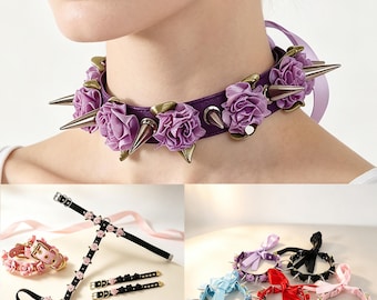 Purple Rose Spiked Choker,Pastel Goth Floral Leather Collar With Ribbon,Rose Spikes Roleplay Restraint,Wrist Cuffs,Harness,Give For Her