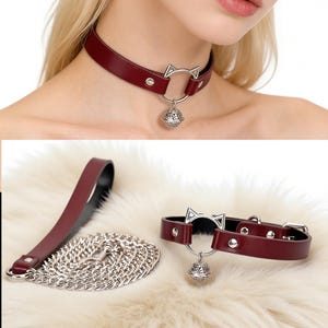 Handcrafted Cat-Ring Choker With Leash,Vegan Leather Collar,Day Collar Choker,SM Role Playing Collar,Anniversary Gift,Punk Necklace