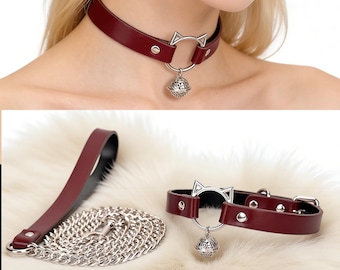 Handcrafted Cat-Ring Choker With Leash,Vegan Leather Collar,Day Collar Choker,SM Role Playing Collar,Anniversary Gift,Punk Necklace
