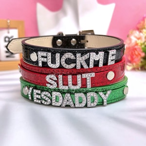 Collar humano personalizado, gargantilla con palabras sucias, collar multicolor con letras de diamante, collar de cuero ajustable para fiestas, collar de cosplay femenino