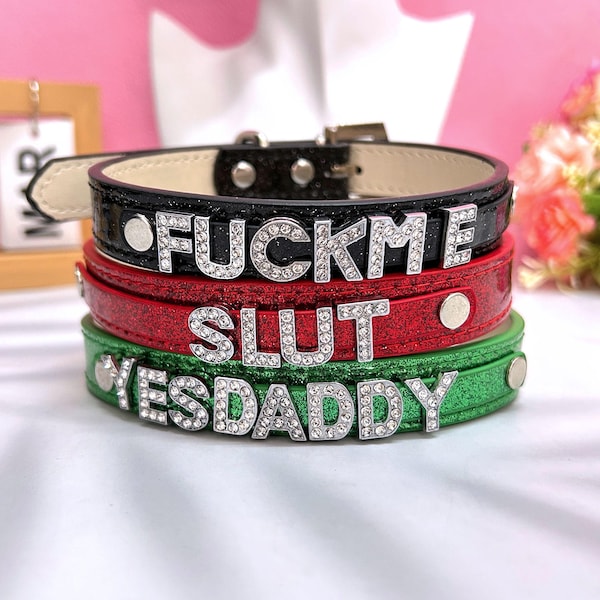 Customized Human Collar, Dirty Word Choker, Diamond Letter Multi-Color Collar,Party Leather Adjustable Day Collar,Female Cosplay Necklace