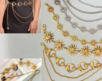 Metal Crescent Moon And Star Belt,Vintage Vibe Costume Jewelry,Fashion Waist Chain-Clothing Matching,Hippie Boho Belts,Vintage Witch Belt
