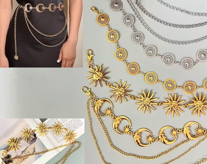 Metal Crescent Moon And Star Belt,Vintage Vibe Costume Jewelry,Fashion Waist Chain-Clothing Matching,Hippie Boho Belts,Vintage Witch Belt
