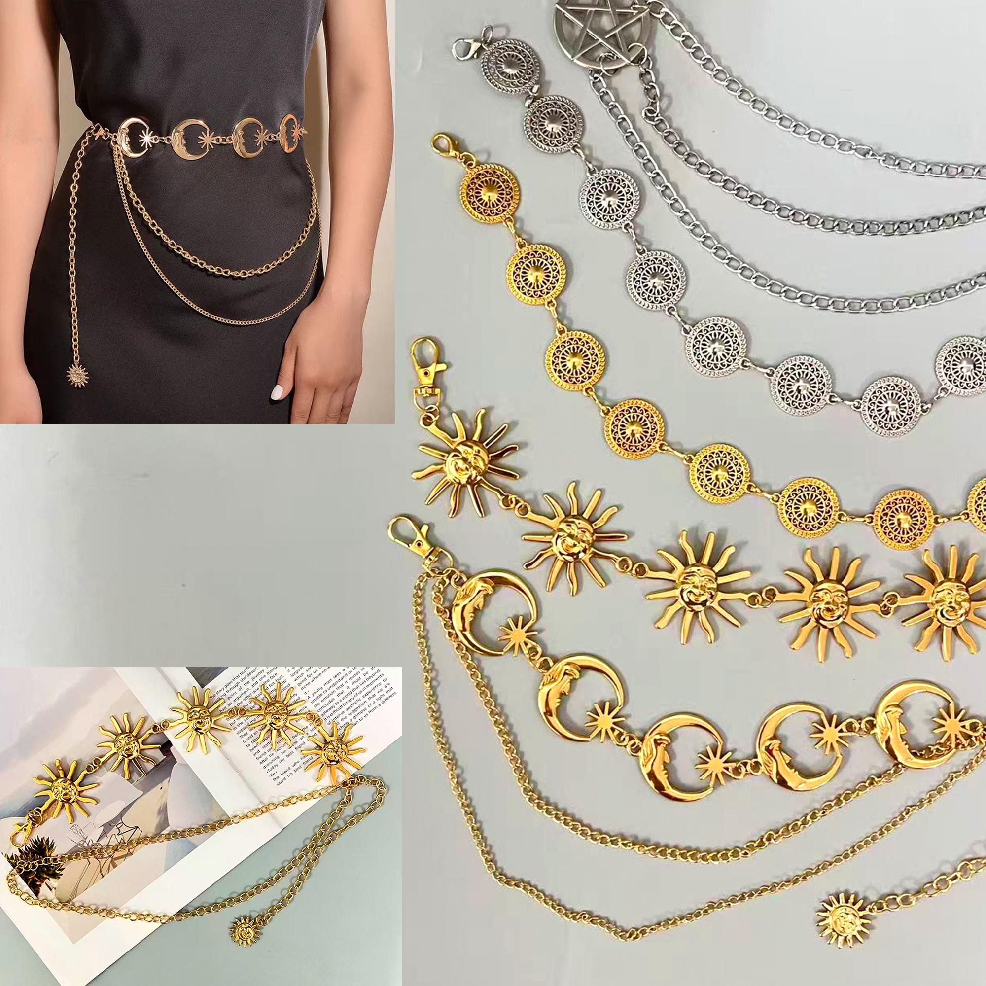 Gold Boho Women\'s Carved Waist Belt with Metal Chain 1 pcs Western Belt for Women - Concho Chain Belt with  main image 3