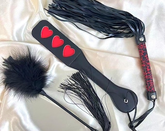 Leather Spanking BDSM Paddle Slapper,Sensory Feather Massage Wand Tickler For Couples Play,Whips Leather Set Flogger,Anniversary Gift