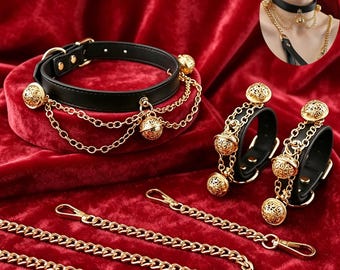 Handmade Bell Collar Set with Leash & Wrist Cuffs,Vegan Leather Collar,Day Collar Choker,SM Role Playing Collar,Anniversary Gift