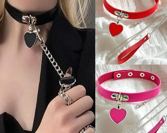 Handcrafted Heart Collar and Leash Set,Vegan Leather Collar,Day Collar Choker,SM Role Playing Collar,Anniversary Gift,Punk Necklace