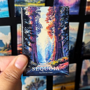 May include: Rectangular magnet featuring a vibrant painting of the Sequoia National Park. The artwork depicts towering redwood trees framing a sunlit path, with the text "SEQUOIA NATIONAL PARK" at the bottom. The magnet is held by a hand.
