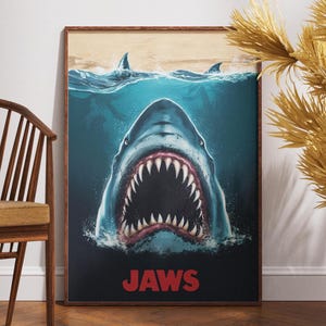 Stampa del film Jaws, arte murale minimalista stampabile, idea regalo per gli amanti del cinema, poster retrò vintage, arredamento per la casa, design originale, design da parete