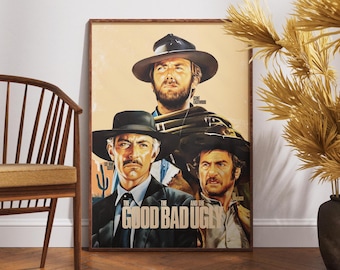May include: A vintage movie poster for the film "The Good, the Bad and the Ugly". The poster features three men in cowboy hats, with the title of the film in large, bold letters.