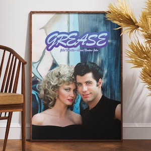 Grease Poster, Retro Movie Poster, Vintage Poster, John Travolta, Danny and Sandy, Olivia Newton-John, Musical Film Poster, Gift for Her