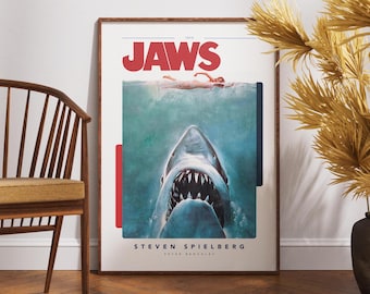 Plakat filmowy „Szczęki”: wydruk retro, minimalistyczna sztuka ścienna