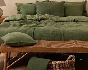 Green Linen Duvet Cover Set with 2 Pillowcases