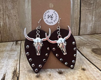 Cowgirl Earrings | Faux Leather Earrings | Longhorn Earrings | Lightweight Earrings | Rhinestone