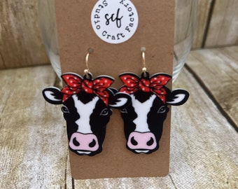 Adorable Acrylic Cow with Red Bandana Earrings | Heifer Earrings | Red Bow | Moo | Cute Cow