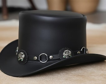 Black Leather Gothic Top Hat | Rose Concho Victorian Hat | Dark Academia Fashion | Witchy Festival Headwear