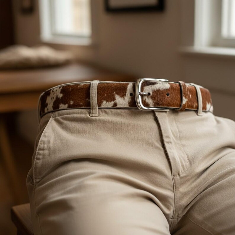 Puede incluir: Un cintur&oacute;n de piel de vaca marr&oacute;n y blanco con hebilla plateada abrochado alrededor de un pantal&oacute;n color caqui. El cintur&oacute;n tiene un patr&oacute;n natural moteado y una hebilla rectangular cl&aacute;sica. La imagen es un primer plano del cintur&oacute;n y el pantal&oacute;n.